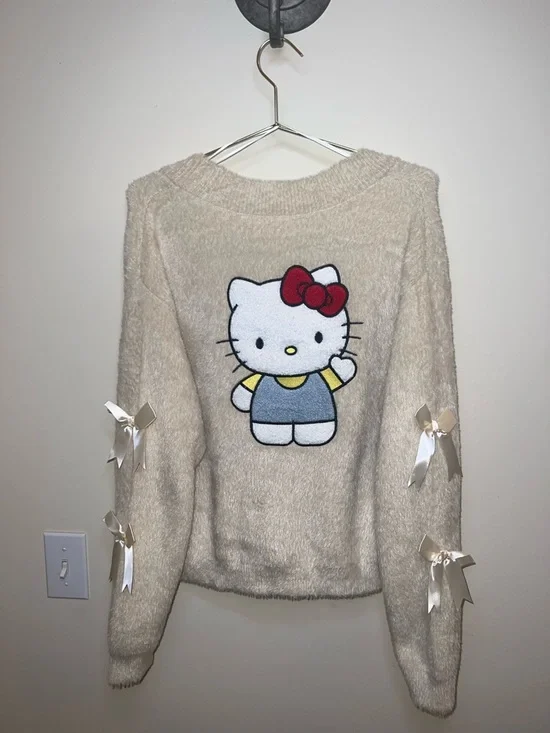 Hello Kitty Bow Sleeve Fuzzy Cardigan Cream Sanrio S/M NWT - Picture 2 of 13